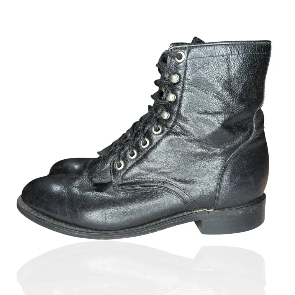 Vintage Justin Black Leather Roper Boots Mens‎ 5D Lace-Up Western Logger